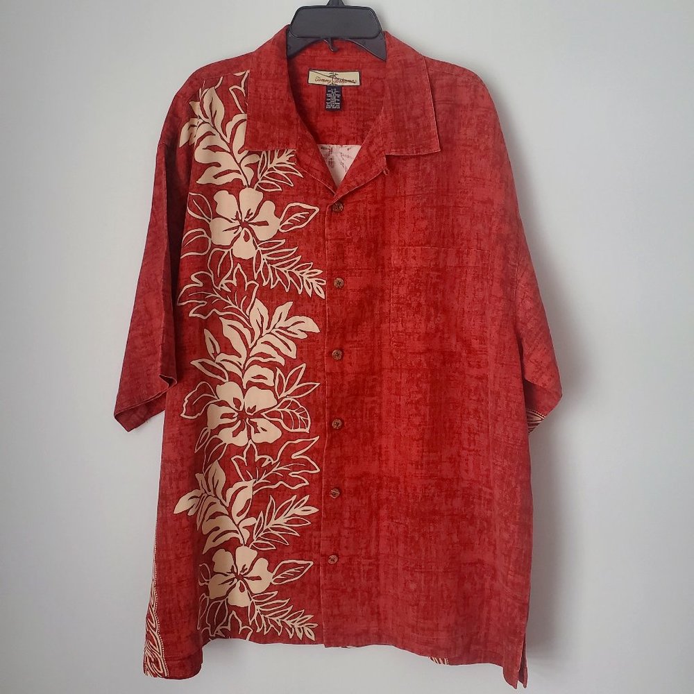 TOMMY BAHAMA 100% SILK Men's Hawaiian Shirt Tropical Floral Button Down LARGE
